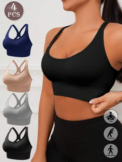 Sutiã esportivo push-up ajustável sem costura feminino de 4 peças, conforto, respirabilidade, à prova de choque e moderno para ioga