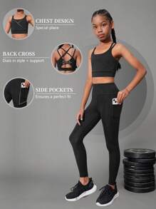 2 件套青少年女孩运动套装，黑色吸湿排汗速干瑜伽健身运动体操露背交叉运动文胸上衣和紧身裤