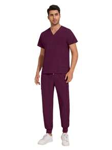 男士医疗工作服套装，牙医/护士制服，V领短袖上衣，医用运动裤，护理工作服，医生工作服 - 酒紅色 - 查看 2