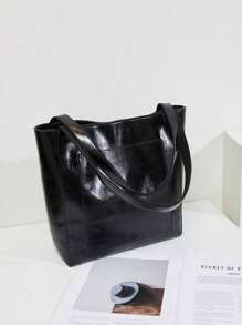Sac fourre-tout minimaliste et élégant, en matériau PVC épais et doux, avec fermeture à bouton magnétique, noir classique, parfait pour le bureau, les sorties décontractées et les trajets quotidiens