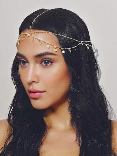 1pc New Vintage Wave Metal Plate Headband, Simple Metallic Texture Tassel Sequin Multi-Layer Hair Accessories (Plate Quantity Random) Halloween