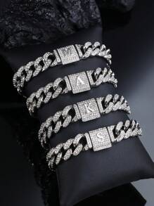 1pc Shiny Cuban Link Letter Bracelet, Fully Paved With Rhinestones, Unisex Hip-Hop Style Multi-Layer Plated, Perfect Gift For Valentine's Day/Anniversary/Birthday/Mother's Day/Father's Day - A - View 4