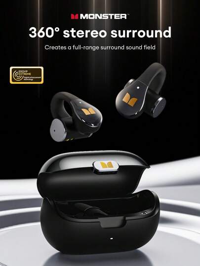  MONSTER MQT60 蓝牙耳机，入耳式动态立体声环绕声，音乐和游戏模式，低延迟蓝牙 5.4，高清通话，防噪音，佩戴舒适，无线运动耳塞
