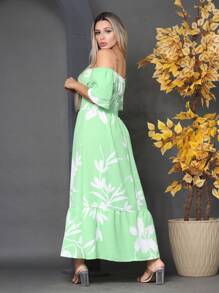 WOMEN'S LONG MIDI DRESS WITH PUFFED SLEEVES, RUFFLED, OFF-THE-SHOULDER, TRES MARIAS FLORAL - Mint Green - View 2