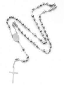 1件/2件/6件/12件 基督教不锈钢项链 女士圣母玛利亚耶稣十字架吊坠长珠链 时尚珠宝 - 銀色 - 查看 2