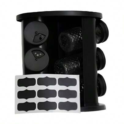 Porta Temperos e condimentos com 9 potes em Vidro E Tampa Giratório Preto Com Adesivos