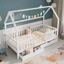Children's Bed House Bed With Chimney Two Storage Drawers Robust Slatted Frames Pinewood House Bed For Kids, 90 X 200 Cm Without Mattress, White Drawer