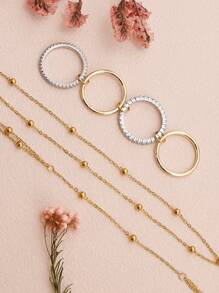 3er Set Goldene Ringe zum Stapeln mit Fingerarmband für Frauen, 14 Karat vergoldete Ringe, massive stapelbare Ringe mit kubischen Zirkoniasteinen, Goldperlen mit Fingerarmband Set, Geburtstagsgeschenk, Party Deko, modischer Schmuck Geschenkartikel