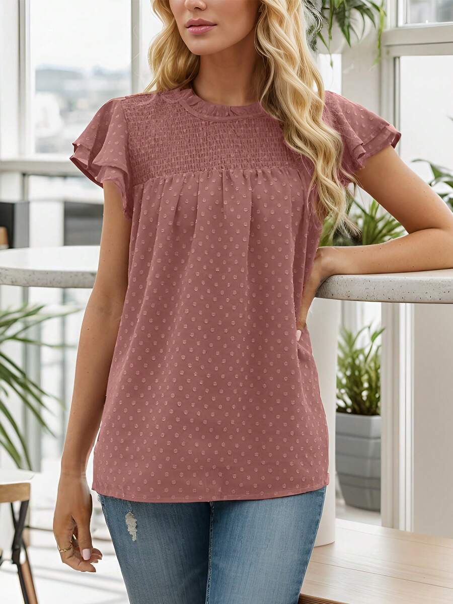 SANOPY Womens Blouses,Blouses For Women Dressy Casual,Going Out Tops For Women,Women's Crew Neck Lace Crochet Pom Pom Flowy Short Sleeve Casual Shirt Top - Đỏ - Xem 1