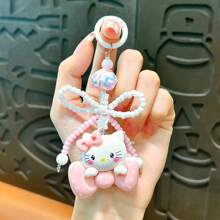 Sanrio 1PC New Cartoon Bow Cat Keychain Pendant Personalized Hand Drawn Bead Rice Bead Chain Accessories Earphone Cover Decoration