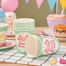 10pcs/9oz Sweet Dreams Theme Cute Cartoon Design Disposable Paper Cups, Birthday Party Table Items