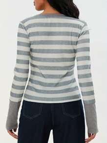 Women's Y2K Stripes Print Tops Long Sleeve V Neck Slim Fit Henley Shirts Fairy Grunge Blouses