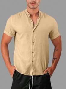 Men's Formal Shirt With Priest Collar, Short Sleeve, Linen Look - Beige - View 2