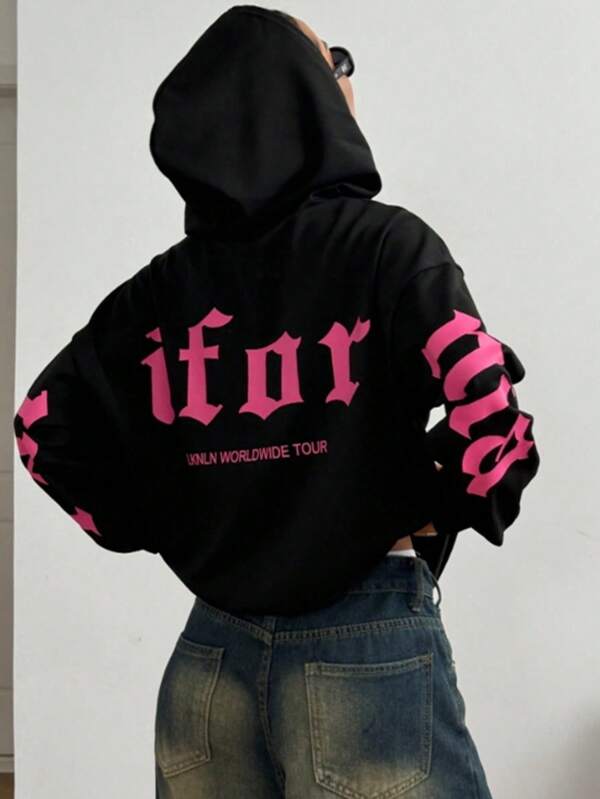 Sudadera con capucha holgada con cordón y estampado en la espalda para mujer
