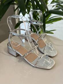 Women's Black Block Heel Sandal With Spikes Application 4 Cm Block Heel Sandal With Shiny Rhinestones - Bạc - Xem 2