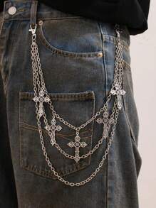 1pc Men's Faux Pearl Inlaid Gem Multi-Layer Metal Cross Pendant, Fashion Accessory, Punk Style Pants Chain, Key Chain, Waist Decor
