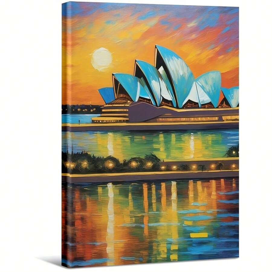 Sydney Opera House With Sunset And Reflection. Large Wooden Framed Wall Painting Artist Home Decoration Oil Painting - Bedroom, Bathroom, Living Room, Office, Kitchen, Christmas Gifts - 1 Piece - 彩色 - 查看 1