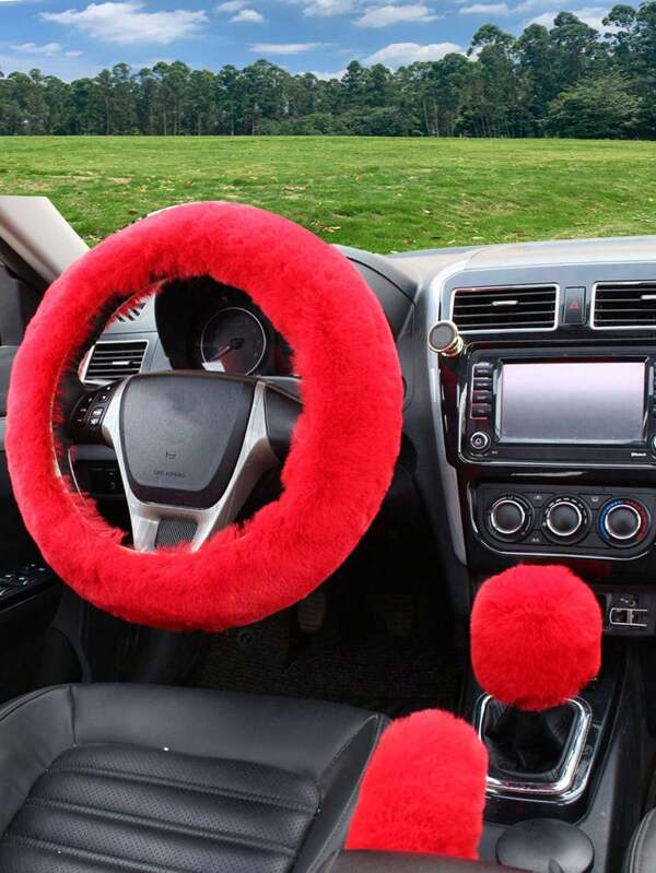 3 Stück/Set flauschiger, cremiger Lenkradbezug mit Handbremsenabdeckung & Schalthebelbezug, universelle Passform ohne Futter