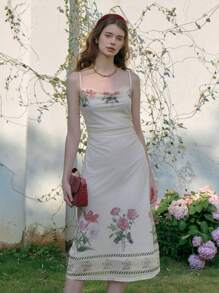 Simple Retro Ladies' Summer Contrast Color Square Neckline Placement Print Romantic Elegant Vintage Bodycon Waist Sleeveless Mid-Length Dress Spring Break