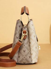 三件套母女同款包包，经典大容量女士休闲手提包，高端优雅女士提花单肩包 - 棕色 - 查看 4