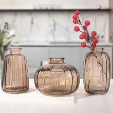 3Pcs Glass Flower Vases - Vertical Striped Rustic Decor For Wedding Centerpieces & Home | Multi-Use With Artificial Flowers, Plant Stand & Shelf Compatibility. Gifts Birthday Graduation Home Decor Back To School Room Decor School Supplies Glass Vase - Multicolor - View 2