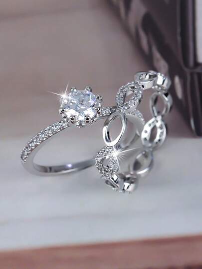 2pcs/1 Pair Fashionable Minimalist Versatile Round Zirconia Ring Set, Gift For Women And Couples, Valentine's Day