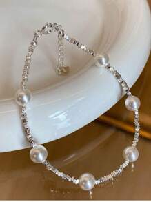 1pc Luxury Minimalist S925 Sterling Silver Star & Faux Pearl Beaded Bracelet, Suitable For Women Daily Wear/Gift, 3.6g