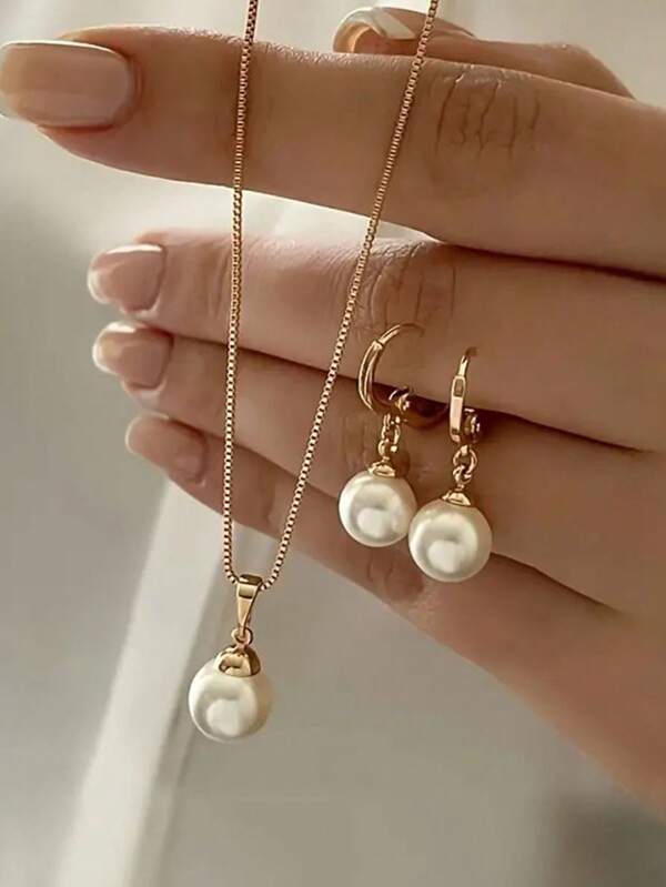 Set de 3 piezas de collar con colgante de perla y aretes de lujo