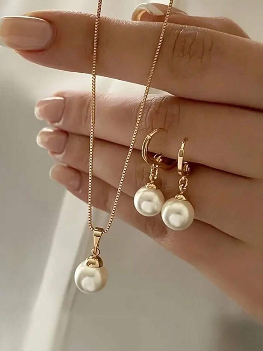 3pcs/Set Luxury Pearl Pendant Necklace & Earrings Set