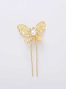 5 件女士 U 型发夹，金色蝴蝶珍珠水钻新娘发夹，适合发髻发型，简约日常婚礼发饰