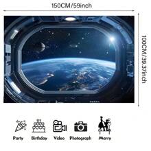 Polyester-Hintergrund mit Weltraumthema - Design mit Raumschiff und Erde, geeignet für Geburtstag, Jahrestag und Feier, für Innen- und Außenbereich