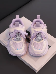 时尚新款女童运动鞋，春夏季透气童鞋，中童厚底可爱蝴蝶结公主跑鞋，魔术贴，学生厚底运动鞋 - 紫色 - 查看 4