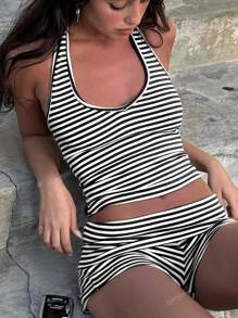 Casual Vacation Two Pieces Sets Contrast Color Striped Shorts Suits For Women Streetwear Halter Tank Tops Mini Shorts Spring Break Outfits
