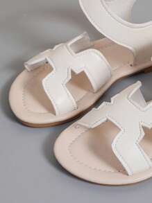 1 Pair Infant/Toddler Girls Plain Color PU Strap Strap Hook And Loop Design Round Toe Open Toe Comfort Fashion Roman Sandals, Suitable For 3-12 Years Old Girl Students Daily Casual/Holiday Outdoor Wear, Spring/Summer New 2025