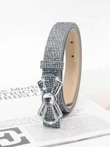 1pc Women's Elegant Rhinestone Embellished Metal Shiny PU Leather Belt, Fashion Accessory To Match Jeans, Dress