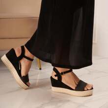 Sandalias de cuña para mujer | Correa ancha simple - Negro - Ver 1