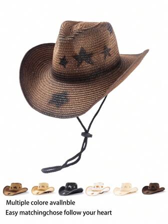 1 件波西米亚星复古图案牛仔草帽，纯色，男女通用，时尚百搭，适合所有季节，带风绳设计