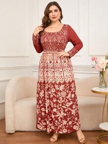 DEARCASE Plus Size Hot Stamping Print Long Sleeve Arabic Style Dress - Multicolor - View 4