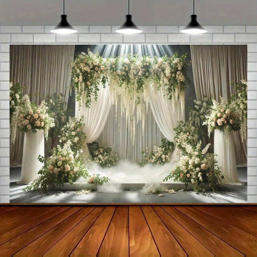 1pc Romantic Floral Wedding Background Banner, Party Decoration, Multi-Purpose Event Background For Studio, Home And Garden Celebrations, Photo Background With Polyester For Indoor And Outdoor Festivals. - Multicolor - View 1