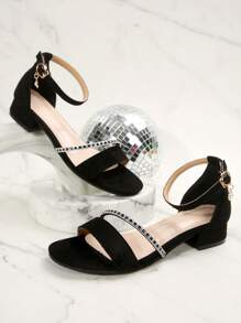 Women's Elegant Black High Heel Thick Sole Open Toe Sandals, Crystal Buckle Design, Made Of Faux Deer Leather, Suitable For Spring/Summer, Campus, Vacation, Christmas, Business Casual, Banquet