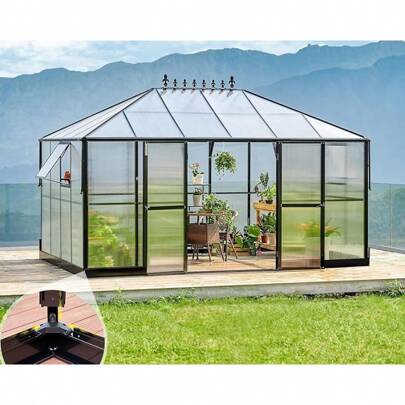 14x9.5x9 FT Hybrid Polycarbonate Greenhouse Quick Connector Fast Assembly, Swing 2 Doors Clear Panels, Walk-In Large Aluminum Greenhouse Winter Greenhouse For Outdoors, Black
