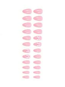 24 piezas de uñas postizas con mariposas francesas de estilo pastel y adornos de perlas falsas, con 1 pieza de gel de gelatina y 1 pieza de lima de uñas, suministros para uñas