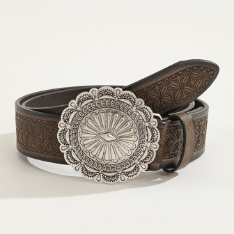 Western Cowboy Style Fashionable Oversized Round Buckle, Versatile PU Leather Bohemian Belt, Suitable For Spring, Summer, Autumn, And Winter