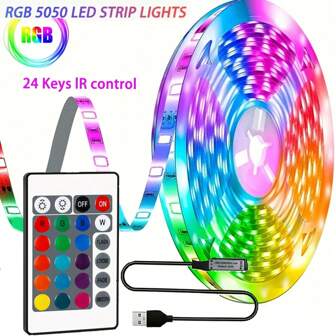 1 个 USB 供电 LED 灯，带红外 24 键遥控器，遥控器，RGB 多色，3.3 至 66 英尺可定制长度，可调光和变色，可拆卸灯，黄铜灯罩，卧室、客厅、家庭聚会、电视背光装饰、节日、派对、家居装饰、小夜灯、LED 灯带的动态模式