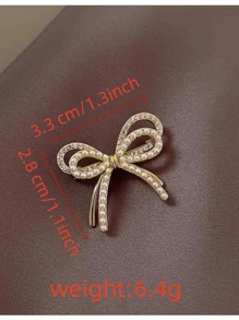 1pc Fashion Elegant Sparkling Double Bow Brooch, Pearl & Rhinestone Geometric Clothing Accessory