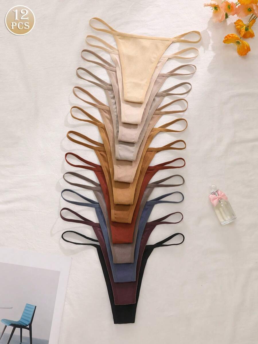 12 条装 女士多色罗纹丁字裤