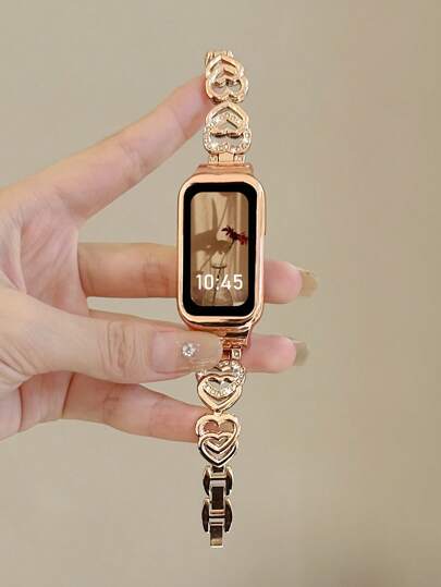 1pc 2-In-1 Rhinestone Heart Design Strap And Metal Band Watch Case For Band 9/8/7/6, Business Style For Men And Women, Compatible With Huawei Band 10