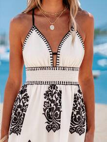 popvil Boho Printed Backless Cross Halter Maxi Dress For Summer Vacation - Beige - View 4