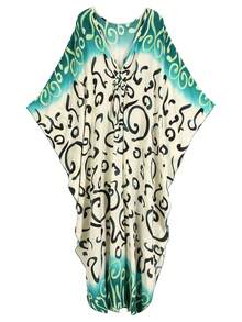 Bohemian Batwing Sleeves Kaftan Plus Size House Dress Modest Arabian Dress Outfits - Green - View 3