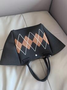 New Design Fan Shaped Bohemian Harlequin Stripe Versatile Ladies Students Hook & Loop Colorblock Knitted Casual Travel Tote Bag